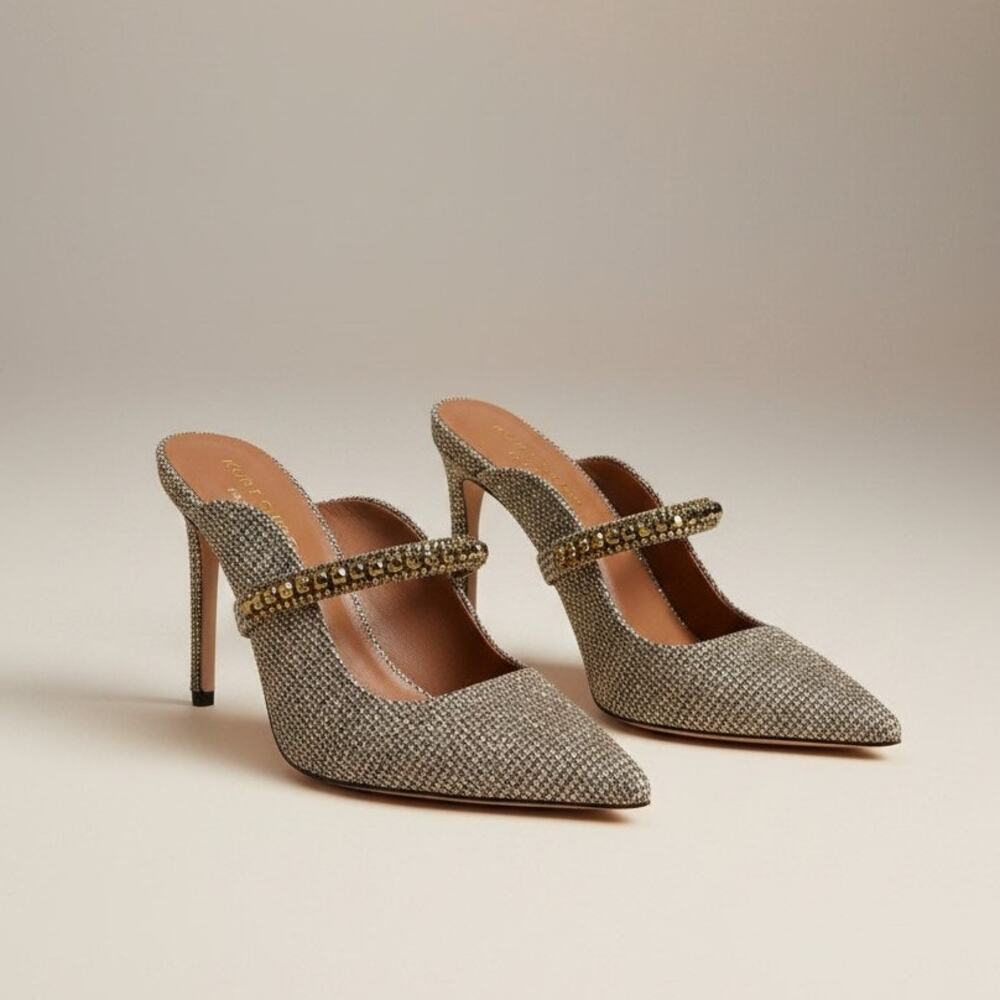 Kurt Geiger Duke Mule Pumps Womens 9 EU 40 Beige Houndstooth Gold Jewels